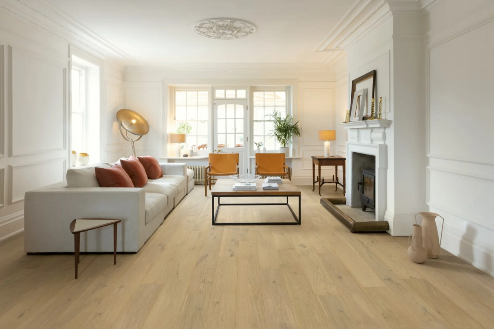 After: refreshed interior with herringbone flooring