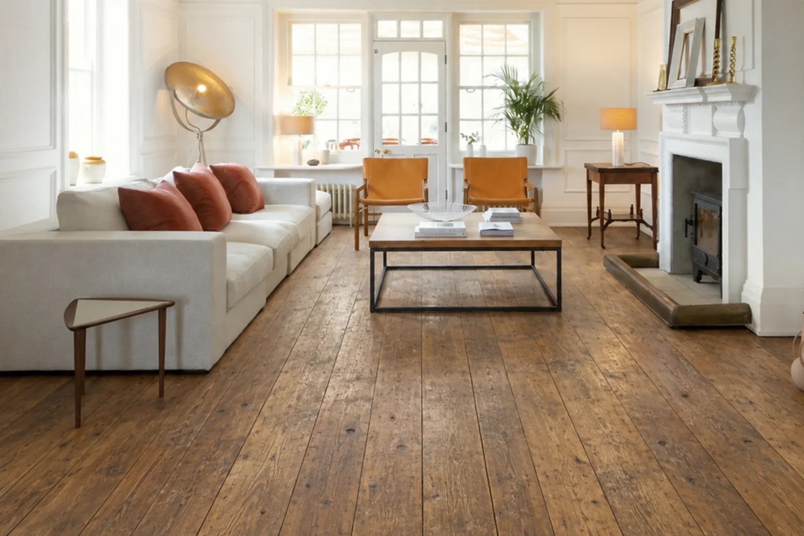 Before: living room with standard straight-plank timber flooring