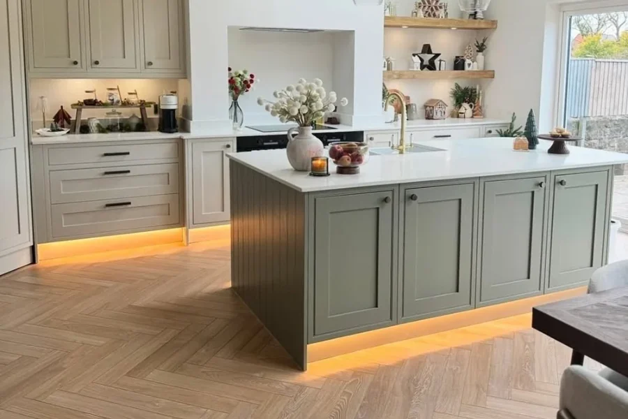 Modern room with herringbone wood floor